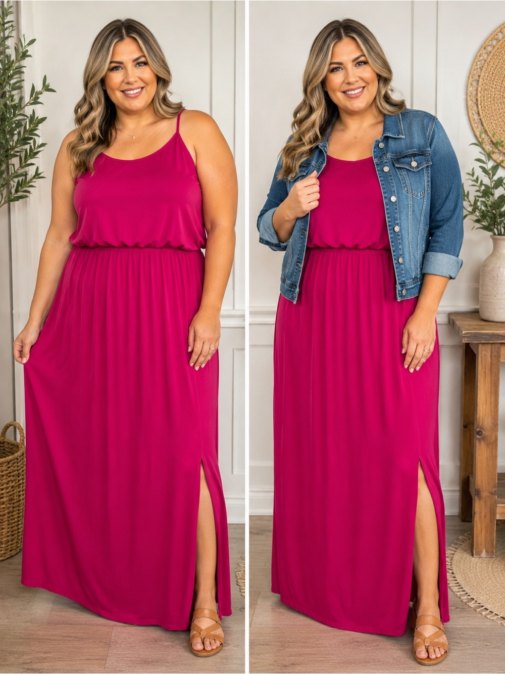Emerald Magenta Plus Size Maxi Dress with Side Slit